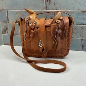 Vintage Hand Tooled Leather Horse Saddle Shoulder Purse